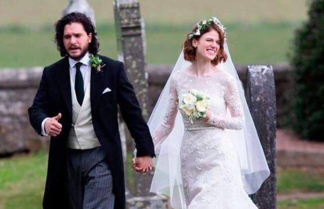 Deborah Jane Catesby's son, Kit Harington with his wife, Rose Leslie on their wedding day.